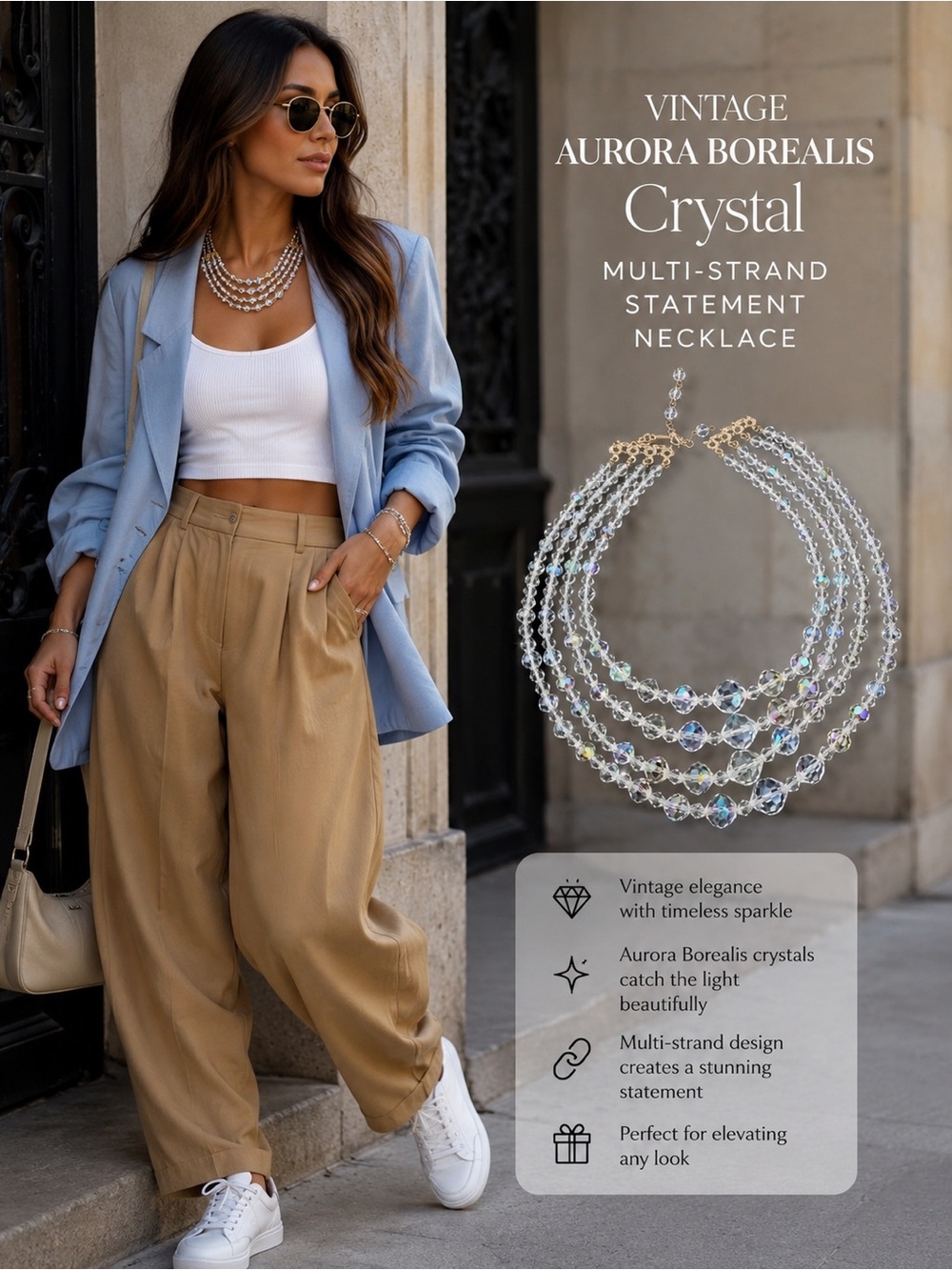 Aurora Borealis Crystal Multi-Strand Statement Necklace - White Crystal